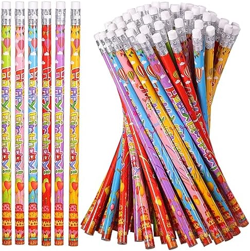Happy Birthday Pencils Wooden Pencil Birthday Party Pencil with Top Erasers Birthday Party Supplies Favors, 6 Style(72)