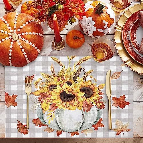 Fall Pumpkins Leaves Placemats Set of 4, Thanksgiving Heat Resistant Washable Table Place Mats Rustic Farmhouse Gray Buffalo Plaid Table Linens Party Decor for Home Kitchen Dining Outdoor Indoor