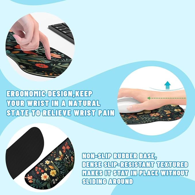 Butterfly Mouse Pad Set Colorful Floral Garden Fantasy Gaming Mousepad 4in1 Desk Mat for Desktop Anti-Slip XXL Big Computer Ergonomic Mousepad with Wrist Support for Keyboard and Mouse