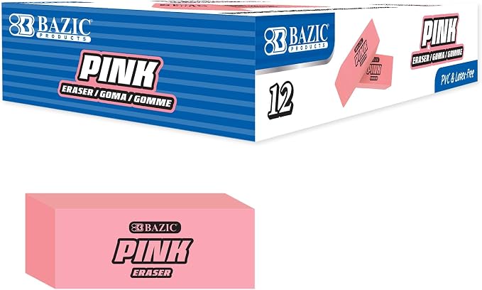 BAZIC Products Pink Bevel Block Erasers, Latex-Free, PVC-Free, 12 Count