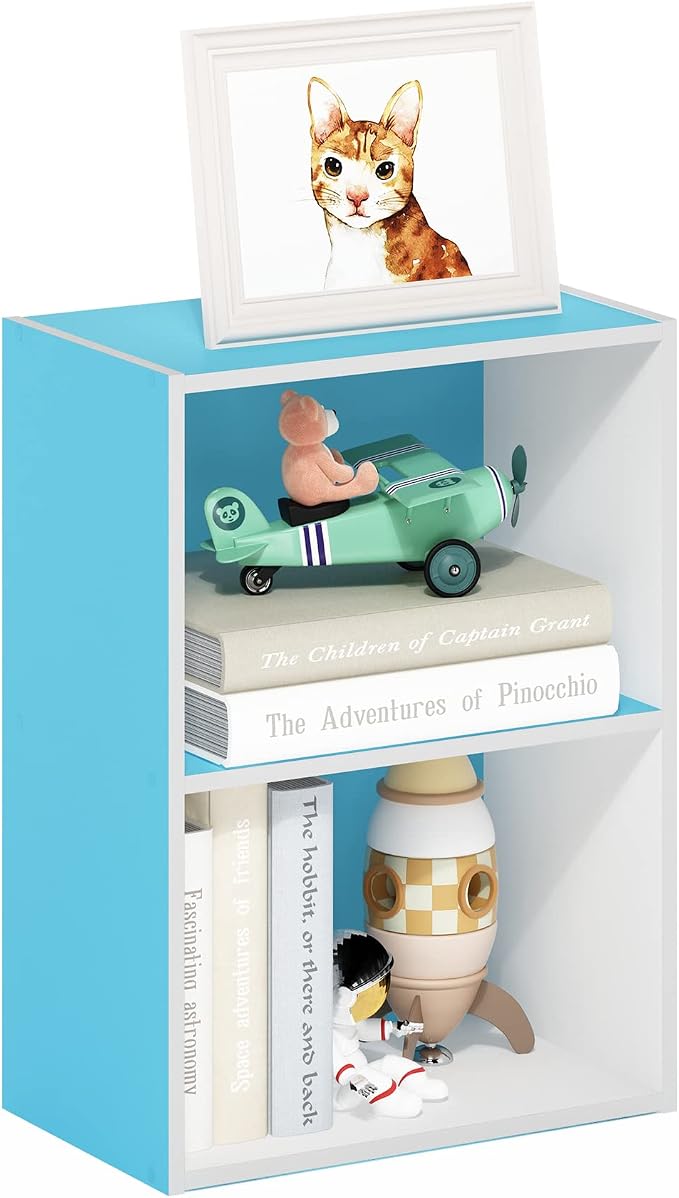 Furinno LUDER 2-Tier Book Shelf, Open Shelves Bookshelf, Light Blue/White | 9 x 16 x 21, Closed Back, Modern Bookcase, for Living Room, Bedroom, Home Office