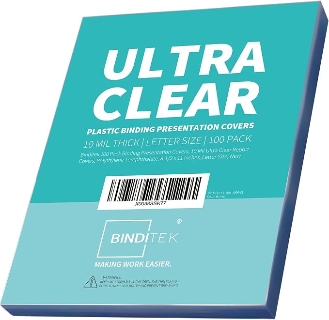 Binditek 10 Mil PET Binding Covers, 8.5 x 11 Inches, Ultra Clear, 100 Pack | Plastic PET Binding Covers, Letter Size, Ultra Clear, Square Corners, Unpunched, Ideal for Business Reports and Proposals