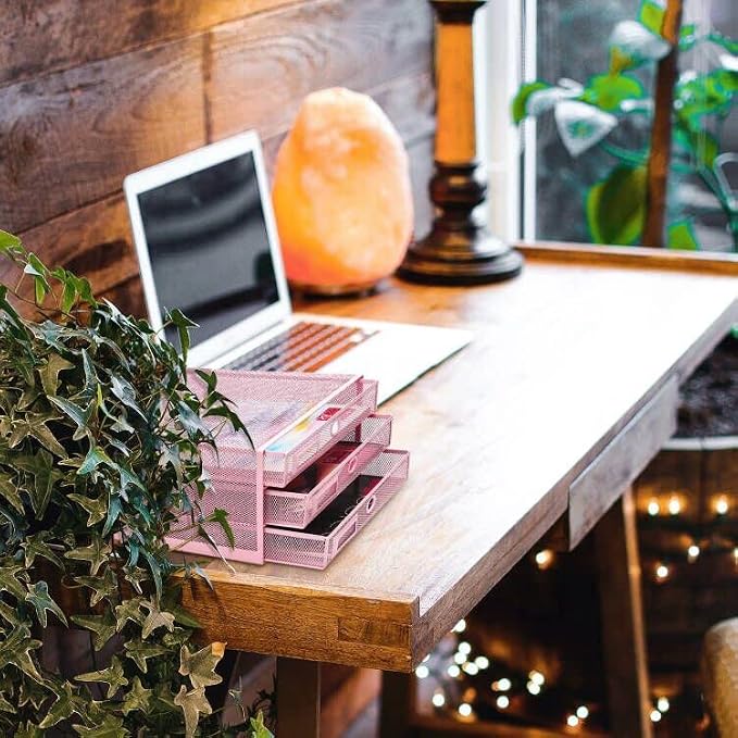 Annova Desk Organizer Wire Mesh 3 Tier Sliding Drawers Paper Sorter/Multifunctional/Premium Solid Construction for Letters, Documents, Mail, Files, Paper, Kids' Art Supplies (Light Pink)