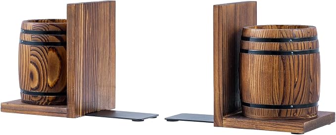 MyGift Rustic Wood Bookends with Pen Holders, Wine Barrel Design, 1 Pair | Built-in storage cups keep pens, pencils, and desk essentials organized while supporting books on shelves or desktops