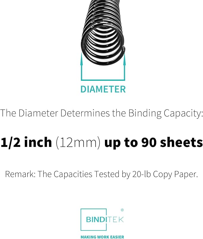 Binditek Plastic Spiral Binding Coils, 12 mm, 4:1 Pitch, Black, 100 Pack | Coil Binding Spines, 1/2", 90 Sheet Capacity, 48 Loops, for Letter-Size Reports, Presentations, School and Office Projects