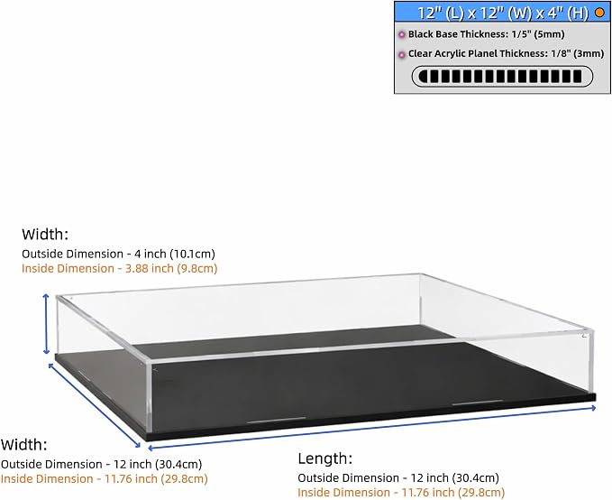 Acrylic Display Case, Clear Acrylic Display Box with Matte Base, Dustproof Collectible Showcase for Books, Stamps, Medals, Maps, Albums and Jewelries, 12 x 12 x 4 inch