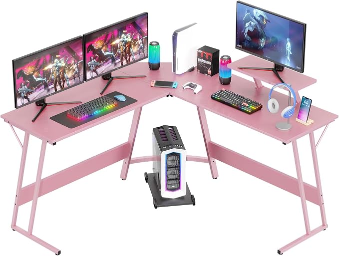 FDW L Shaped 51 Inch Gaming Desk,Corner Computer Desk,PC Gaming Desk,Writing Workstation with Large Monitor Stand for Home Office,Pink