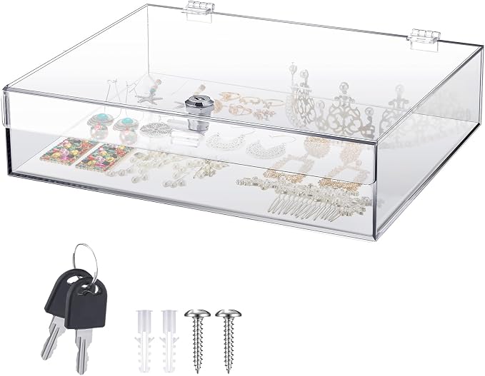 Clear Acrylic Locking Display Case with Keys Large Medication Lock Box Snack Fridge Lock Acrylic Figure Display Case Storage Box for Collectibles Figures Jewelry Toy(12" X 9.84" X 3")