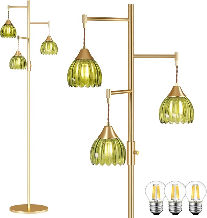 Shenmoyl Stepless Dimming Floor Lamps for Living Room, Bedroom, Gold Standing Lamp with 3pcs 6W Bulbs, Vintage Brass Floor Lamp for Corner, Nursery (Green Tulip)