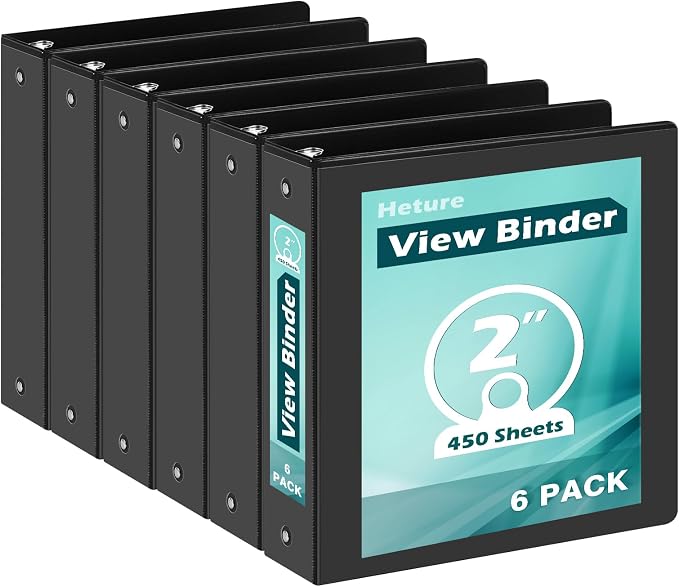 Heture 3 Ring Binder 2 Inch 6 Pack,2" Clear View with Round Rings, PVC-Free,Holds for 450 Sheets 8.5X 11 US Letter Size Paper, Durable Black Binders Perfect for Office,School and Home