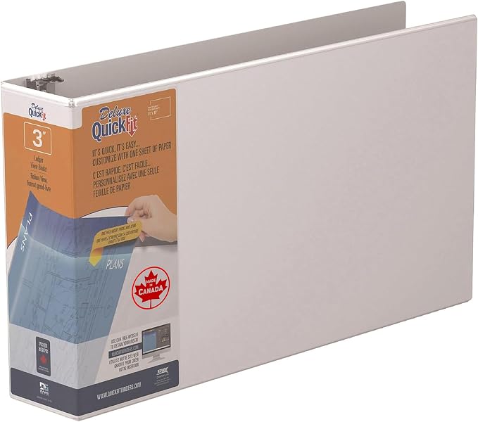 QuickFit Heavy Duty 11 x 17 Inch Landscape Spreadsheet View Binder, 3 Inch, Locking Angle D Ring, White (94050)