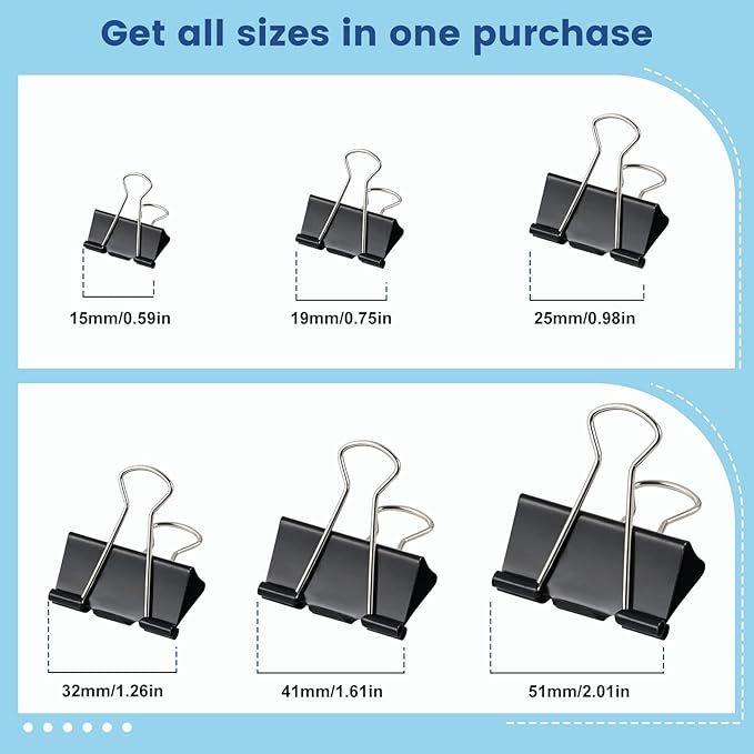 208 PCS Binder Clips Paper Clamps Assorted Sizes, Metal Paper Binder Clip, Black Binding Paperwork Clamp Bulk, School Teachers Office Supplies