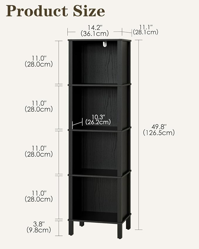 Bookshelf, Modern 5-Tier Bookcase, Open Storage Book Shelf, 11 × 14.2 × 50.4 Inches, Small Narrow Bookshelves for Living Room, Home Office, Bedroom, Black