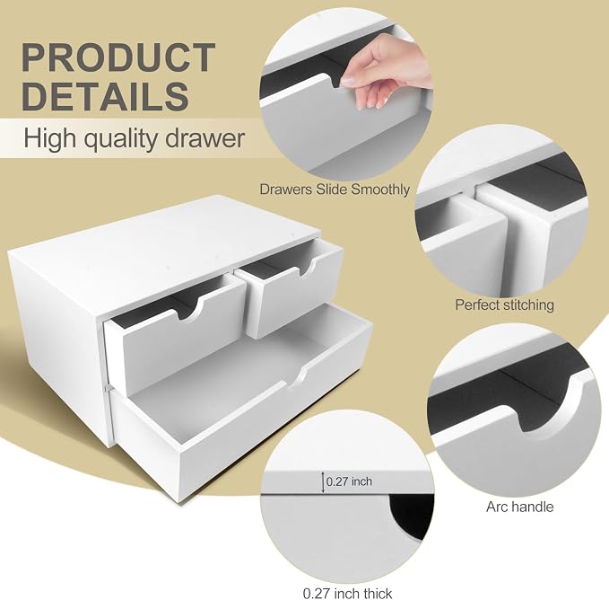 Charmewooden Bamboo Desk Organizer with 3 Drawers, Countertop Organizer with Drawers Makeup Storage Drawer 3 Drawer Tabletop Storage Organization Box Home Office Workspace（White）
