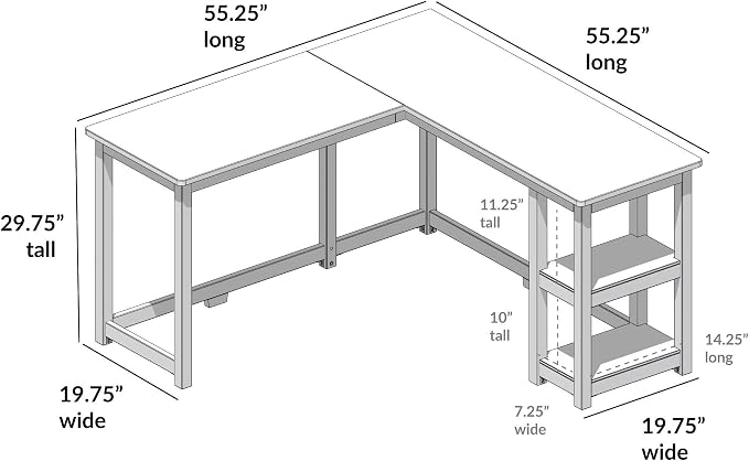Plank+Beam Solid Wood Corner Desk with Shelves, L-Shaped Desk for Bedroom, Home Office Study Desk, 55.25 Inch | Wooden Corner Desk with Shelves, Non-Toxic Finishes, Large Desk Space, Engineered Wood, Matching Style, Solid Wood