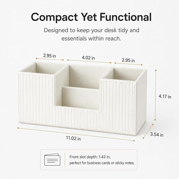 GORESE Pen Organizer for Desk, PU Leather Office Pen Holder, Ivory White | 4-Compartment, Vegan Leather, Office Supplies, Desk Caddy Nightstand Organizer for Pen, Pencil, Remote Control, Business Card