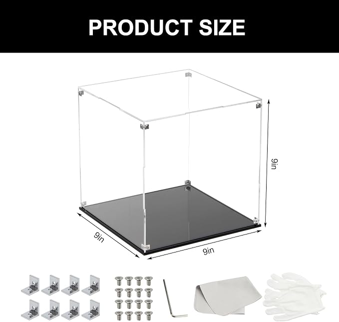 9x9x9Inch Clear Self-Assembly Acrylic Boxes for Display | Transparent Display Case with Black Base and Lid, Cube Countertop Storage Boxes Glass Case for Collectibles Models Figurine