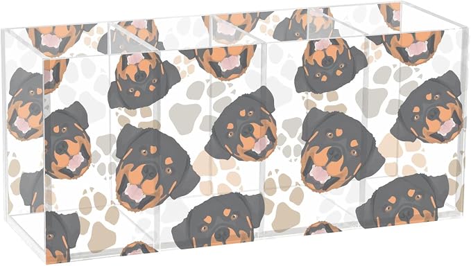 Rottweiler Dog Paw Print Acrylic Pencil Pen Holder Desk Accessories Holder, Cosmetic Brush Organizer Modern Design Desktop Stationery Organizer for Office School and Home 7.87 x 2.48 x 3.54 In