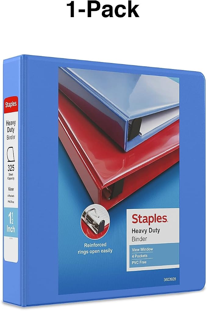 Staples Heavy-Duty 1.5-Inch D-Ring View Binder, Reinforced Spine, Holds Up to 350 Sheets, Periwinkle, for Office & School