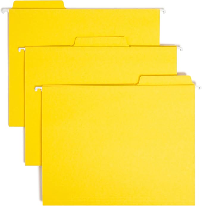 Smead FasTab Hanging File Folder, 1/3-Cut Built-in Tab, Letter Size, Yellow, 20 Count (64097)