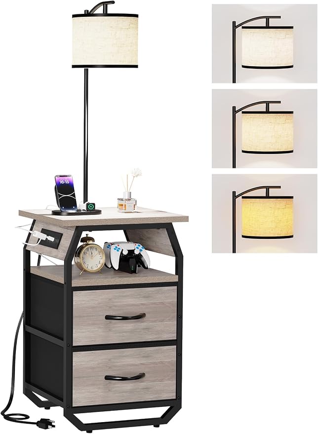 runjuly Floor Lamp with Table, End Tables with Lamps Attached 3-Color Temperature Bulb, Side Table with Lamp with 2 Drawers & Charging, Lamps Tables Combo for Bedroom, Dorm, Apartment - Greige