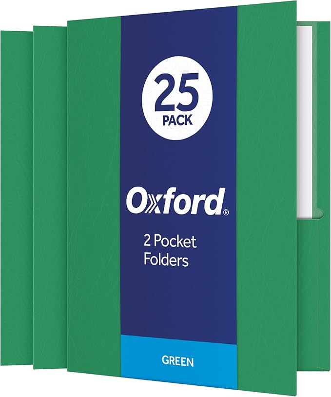 Oxford Two Pocket Folders, Textured Paper, Green, For School, Home, and Office, Letter Size, 25 Per Box (57503EE)