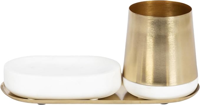 Kate and Laurel Koni Modern Glam Three-Piece Tabletop Organization Set; 12 x 6 x 5; White Marble and Gold; Marble and Metal Organizational Set for Office or Entryway Decor