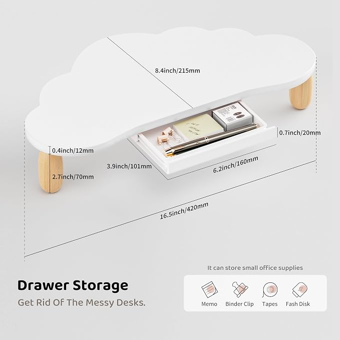 AFOOYO Monitor Stand Riser,Cloud-Shaped Sturdy Wood 16.5In Computer Monitor Riser Wirh Drawer, Multi-Purpose Desktop Organizer Riser for Computer,Laptop,Printer,TV,White