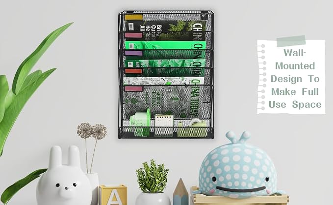 5 Pockets Mesh Wall File Holder Organizer with Bottom Flat Tray, Office Hanging File Folder Magazine Rack, Nametag Label Hooks Set Included, Black