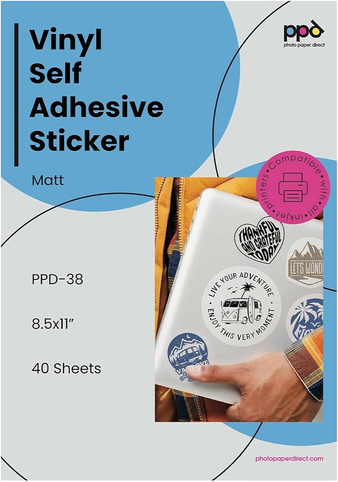 PPD 40 Sheets 8.5x11" Vinyl Sticker Paper Matt Printable Inkjet | Self-Adhesive Premium Backing. Waterproof, tear-resistant, and quick-drying Sheets for Labels and Custom Decals. PPD-38-40