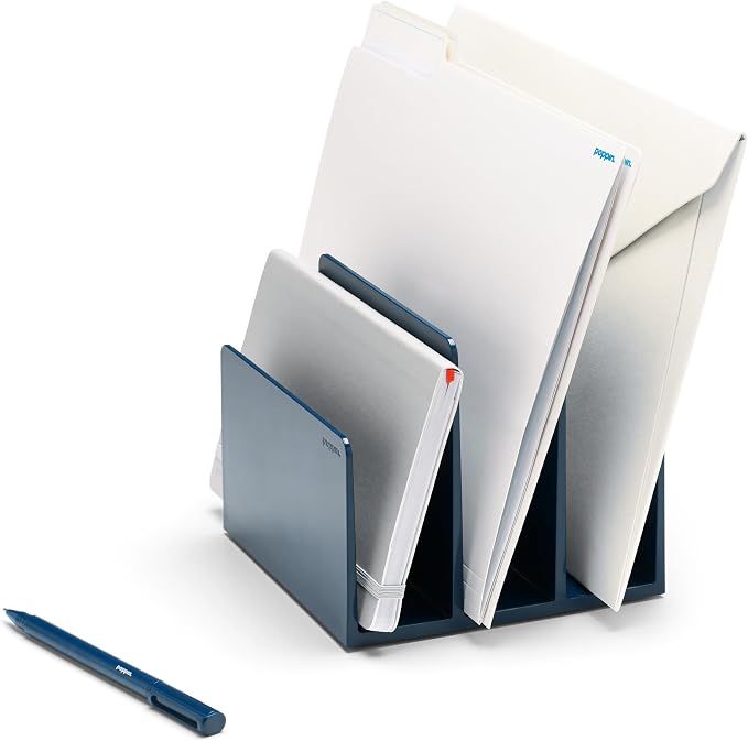 Poppin Fin File Sorter - 3-Compartment File Organizer, Sturdy and Durable Document Organizer, Sleek Design with Lacquer-like Finish, File Folder Organizer for Desk (Slate Blue)
