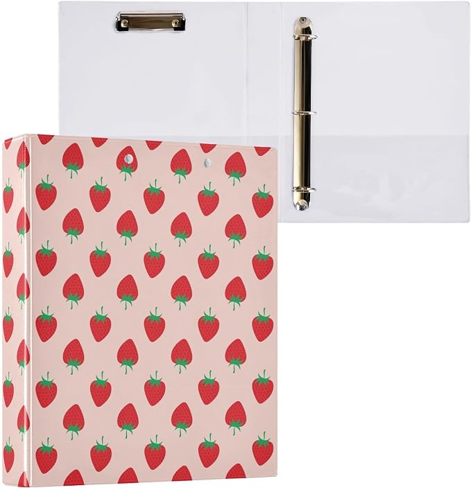 3 Ring Binder Strawberry Fruit 1.5 Inch Three Ring Binder | Cute Binder with 3 Storage Pockets for Women School Office Supplies