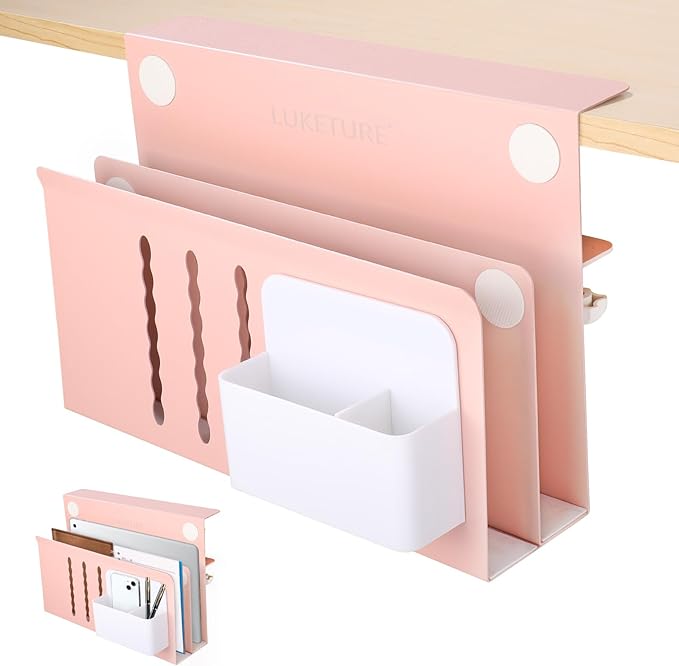 LUKETURE Desk Side Storage, 2 Tie Laptop Holder No Drill Clamp On Organizer | Sturdy Steel Double Tier Strong, Magnetic Pen Holder, No Drill Clamp for Standing Desk Organizer, Fits 0.3-2.8"