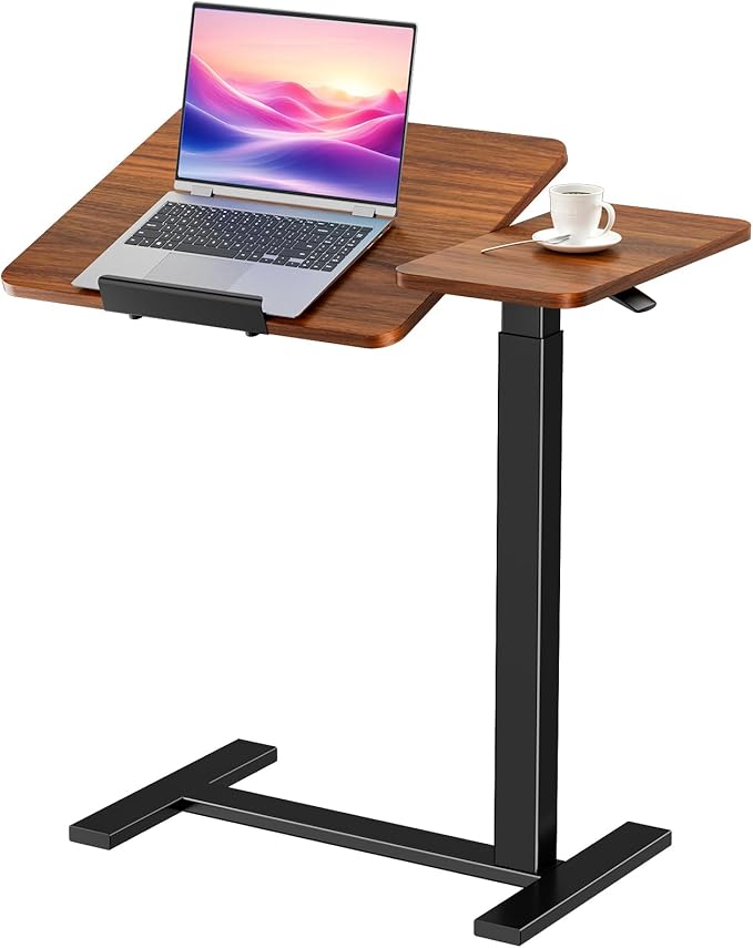 DUMOS Adjustable Bedside Overbed Table with Wheels, Brown | Laptop Standing Desk with Tilting Top Height, Mobile Rolling Computer Cart for Hospital Home Bedroom Use