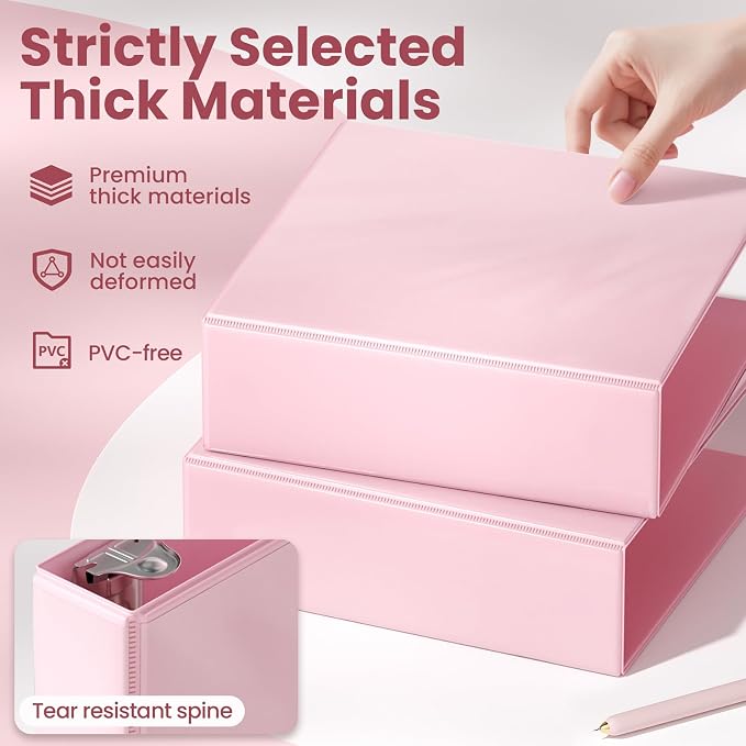 SUNEE 3 Ring Binder - 3 Inch D Ring, Clear View PVC-Free (Fit 8.5x11 Inches) for School or Office, Pink, 1 Pack