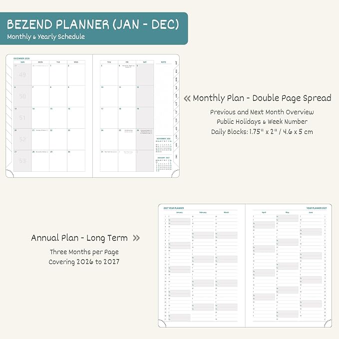 BEZEND 2026 Planner Weekly and Monthly (8.5" x 11") Daily Calendar with Hourly Timeslots & Tab (Jan-Dec) Note & Expenses, Pen Holder, Inner Pocket, Vegan Leather Hardcover - Kiwi