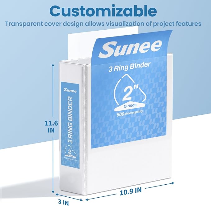 SUNEE 3 Ring Binder, 2 Inch Clear View PVC-Free (Fit 8.5x11 Inches) for School or Office, White, 1 Pack