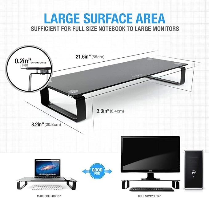 Type-S Black Tempered Glass Monitor Stand, TV, Laptop, Computer, All-In-One Desktop, Printer Riser [21.75 x 8.25 x 3.25 Inches]