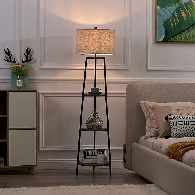 ROSEN GARDEN Floor Lamp, Standing Reading Light with Shelves and Fabric Shade, Modern Tall Pole Lamp, Accent Furniture Décor Lighting for Living Room, Bedrooms Black