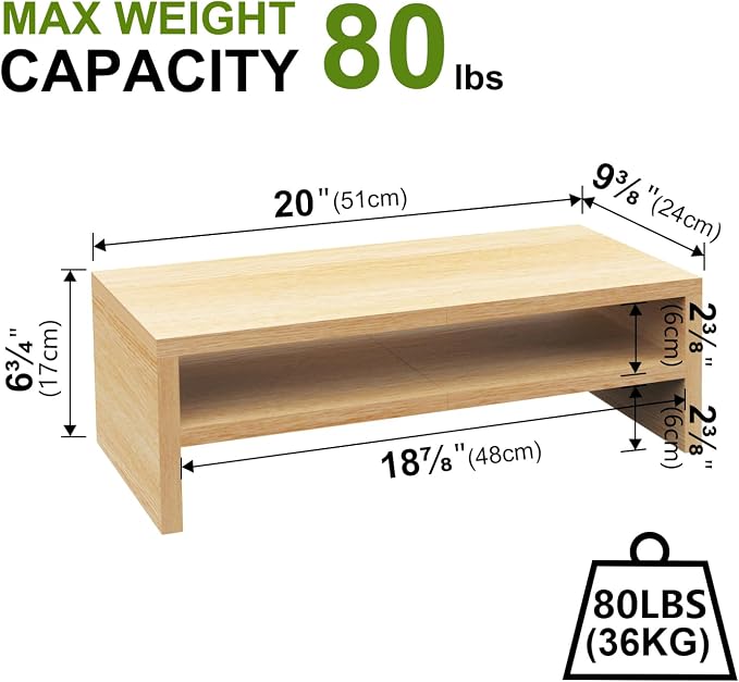 TEAMIX 20 inch Monitor Riser Stand - 2 Tiers, Wood Desktop Bookshelf, Maple | Laptop/PC/Printer/Keyboard Storage, Ergonomic Design, 15mm thick Sturdy Wood Boards, TV Stand, Home Office Desk Accessories