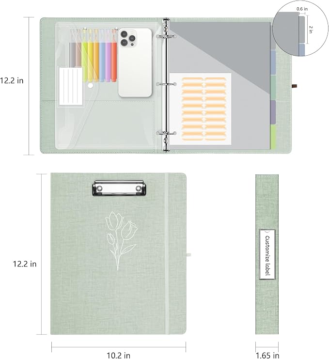 1 Inch 3 Ring Linen Binder Organizer, BVSSX Three Ring Binders with Clipboard, Plastic Folder, 5-Tabs Pocket Dividers with Sticker Labels, Pen Loop, Elastic Strap (Sauge, Letter Size)