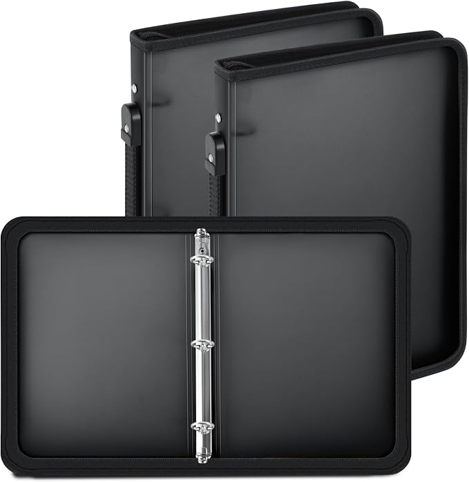 Teling 2 Pcs 1 Inch Zipper Binder 3 Ring Organizer, Black | Secure Zipper Closure, Refillable 3 Ring Design, Handle Carry, Fits Letter Size Papers for School, Office and Projects