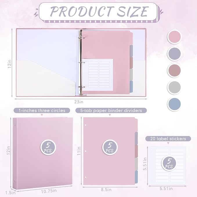 Ctosree 5 Sets 1 Inch Heavy Duty 3 Ring Binder with 2 Pockets with 5 Tab Dividers 8.5 x 11 Inch Plastic Film and File Folder Labels for Letter Size Paper Office Home Supplies(Warm Color)