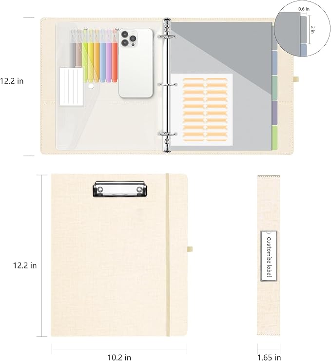 3 Ring 1 Inch Linen Binder Organizer, BVSSX Three Ring Binders with Clipboard, Plastic Folder, 5-Tabs Pocket Dividers with Sticker Labels, Pen Loop, Elastic Strap (Beige, Letter Size)