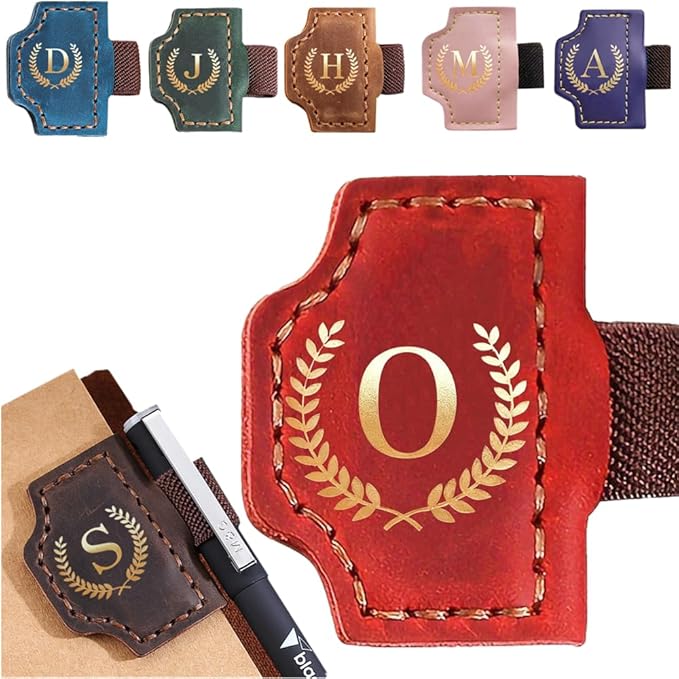 Personalized Mark Bookmark with Pen Holder, Leather Magnetic Book Marker 26 Letters,Custom Initials Page Marks, Gifts for Book Lovers Readers Men Women (Red, O)