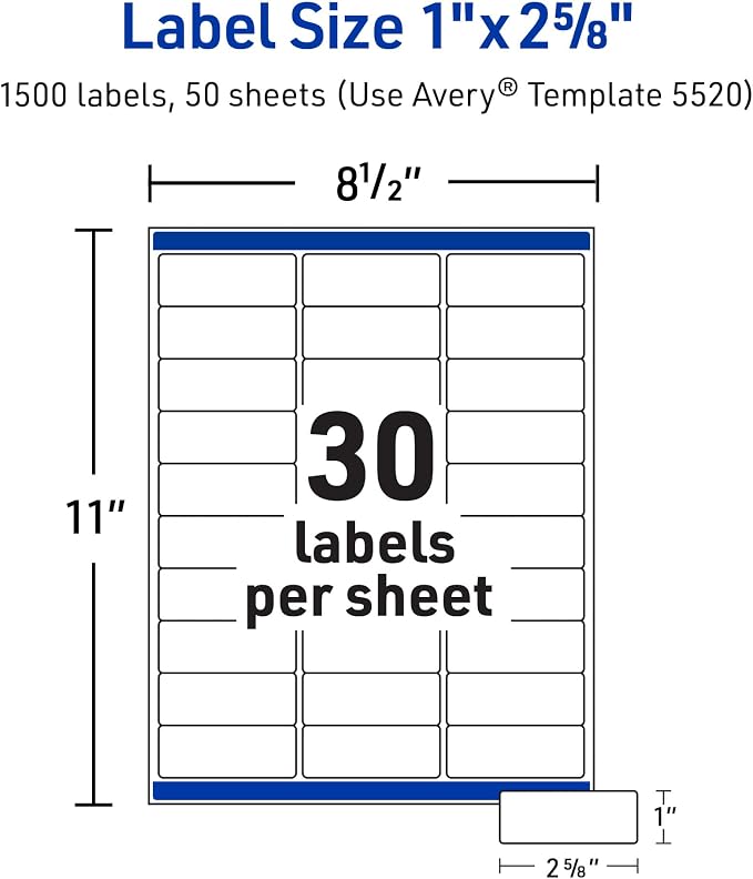 Avery Durable Waterproof Address Labels with Sure Feed Technology, 1" x 2-5/8", White, Laser & Pigment-Inkjet Compatible, 1,500 Blank Labels Total, Great for Mailing, Branding, and More (5520)