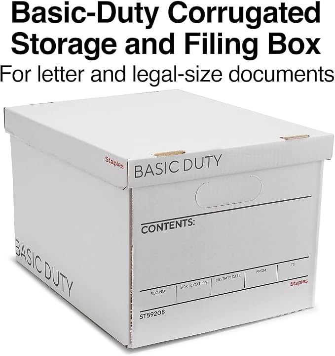STAPLES Corrugated File Box, Lift-Off Lid, Letter/Legal, White/Black, 10/Pk | Stackable storage boxes for document organization in offices, archives, and storage rooms.