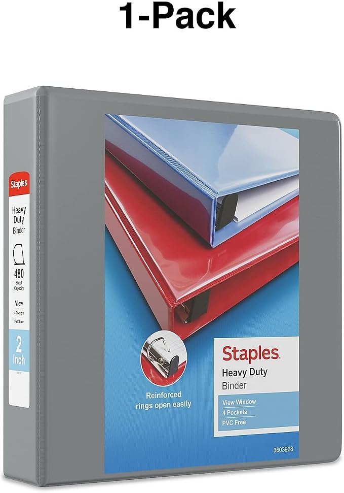 Staples Heavy-Duty 2-Inch D-Ring View Binder, Gray, 450 Sheets | Reinforced spine for durable everyday use in office and school settings.