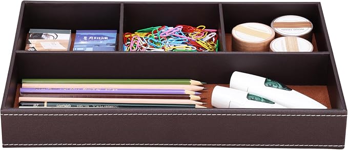 Pu Leather Desk Organizer Tray, 4 Compartment Office Storage Supplies Stationery Drawer Tray, Nightstand Bedside Tray for Key, Wallet, Watch, Coin, Phone Valet Tray Stackable