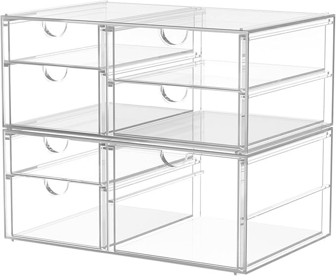 Acrylic 2-Pack 7-Drawer Makeup & Storage Organizer for Bath,Desk | Smooth-glide drawers, clear body, dustproof, wipe clean, for office supplies, pens, rings, earrings, tweezers, cotton swabs